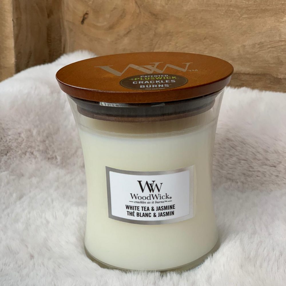 WoodWick Candle White Tea & Jasmine Medium Bij73